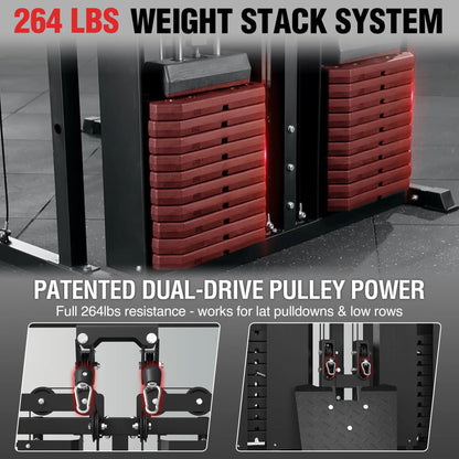 Mikolo Power Cage Home Gym Smith Machine with Lat Pulldown and Cable Crossover Dual Weight Stack System - 264 lb Total Capacity All-In-One Workout Station