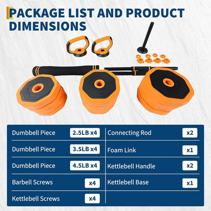 44LB 4-In-1 Adjustable Dumbbell Set - Versatile Home Gym Equipment for Men & Women, Converts to Barbell, Kettlebell, and Push-Up Stands, Space-Saving Design with PVC Coating