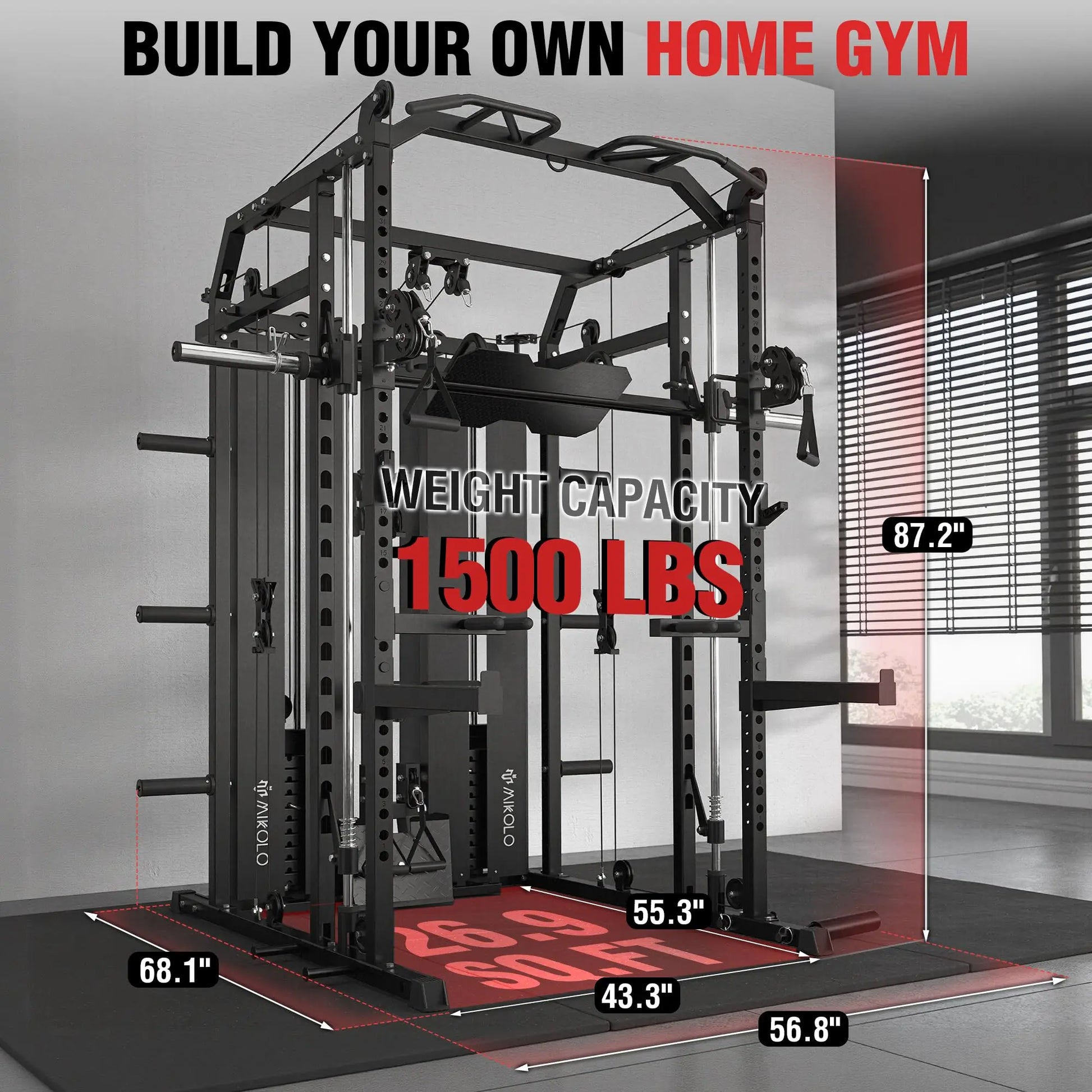 Mikolo Power Cage Home Gym Smith Machine with Lat Pulldown and Cable Crossover Dual Weight Stack System - 264 lb Total Capacity All-In-One Workout Station
