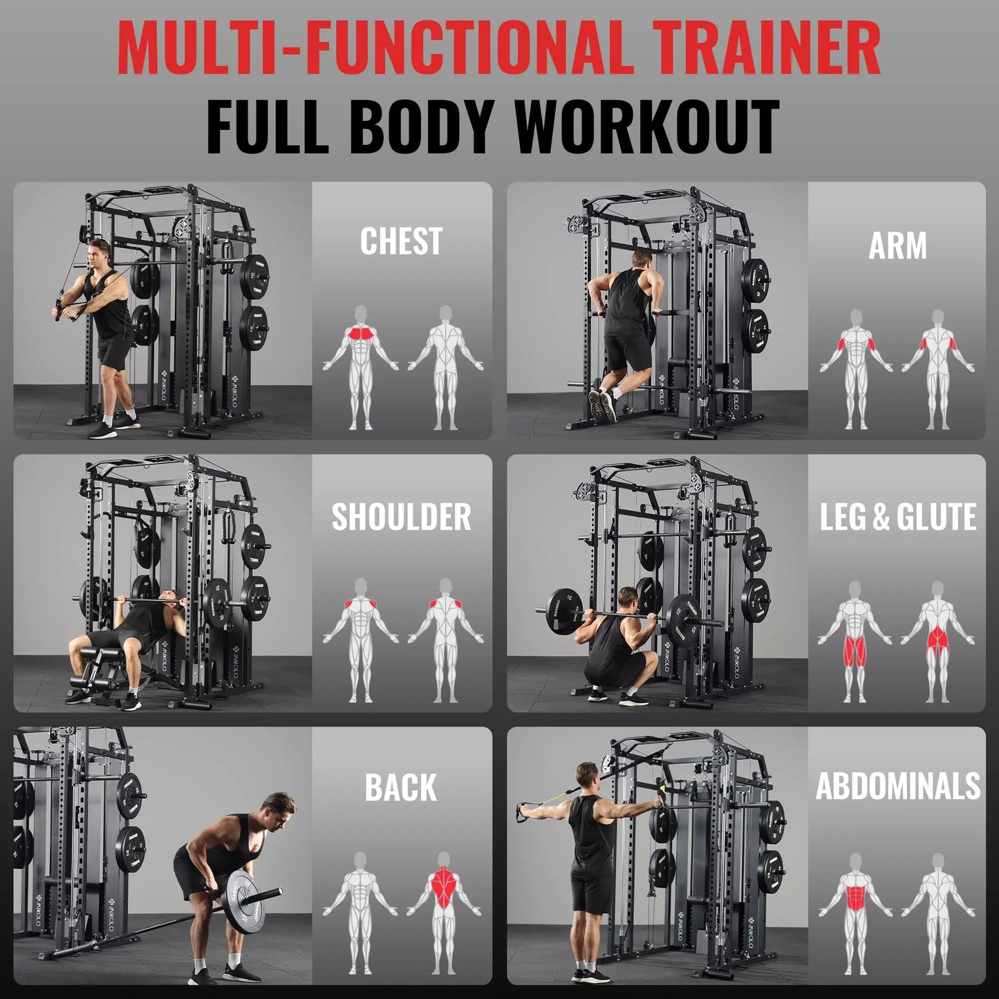 Mikolo Power Cage Home Gym Smith Machine with Lat Pulldown and Cable Crossover Dual Weight Stack System - 264 lb Total Capacity All-In-One Workout Station