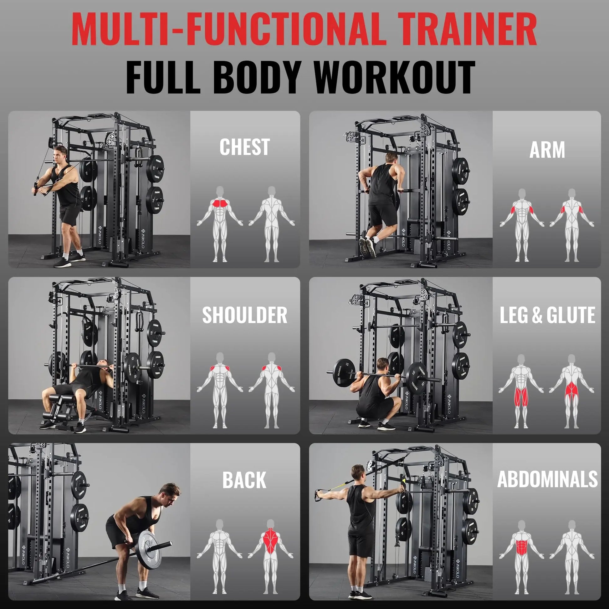 Mikolo Power Cage Home Gym Smith Machine with Lat Pulldown and Cable Crossover Dual Weight Stack System - 264 lb Total Capacity All-In-One Workout Station