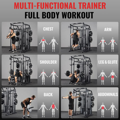 Mikolo Power Cage Home Gym Smith Machine with Lat Pulldown and Cable Crossover Dual Weight Stack System - 264 lb Total Capacity All-In-One Workout Station