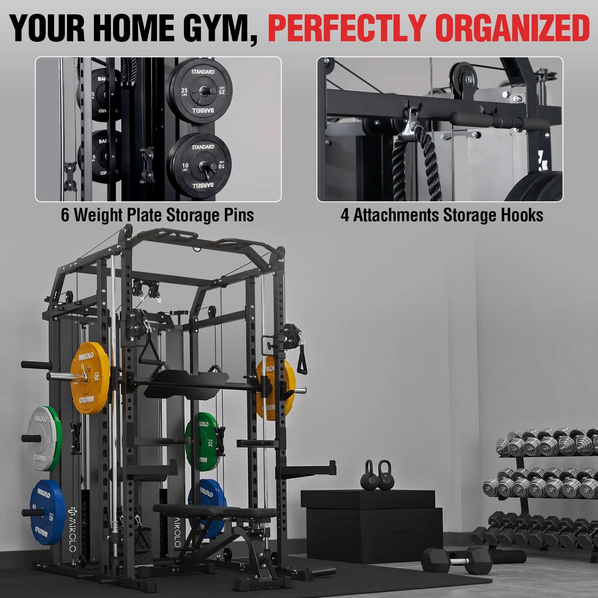 Mikolo Power Cage Home Gym Smith Machine with Lat Pulldown and Cable Crossover Dual Weight Stack System - 264 lb Total Capacity All-In-One Workout Station