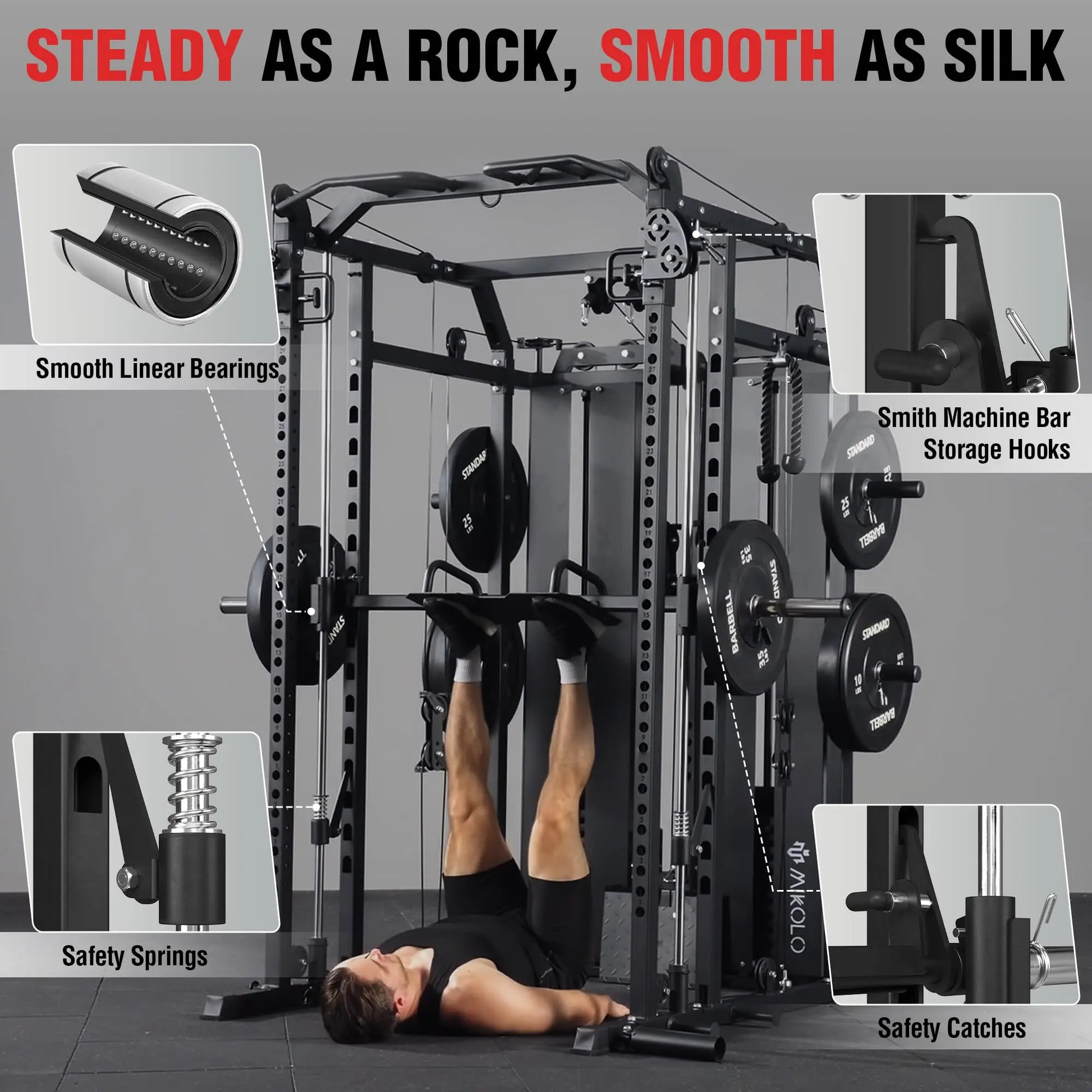 Mikolo Power Cage Home Gym Smith Machine with Lat Pulldown and Cable Crossover Dual Weight Stack System - 264 lb Total Capacity All-In-One Workout Station