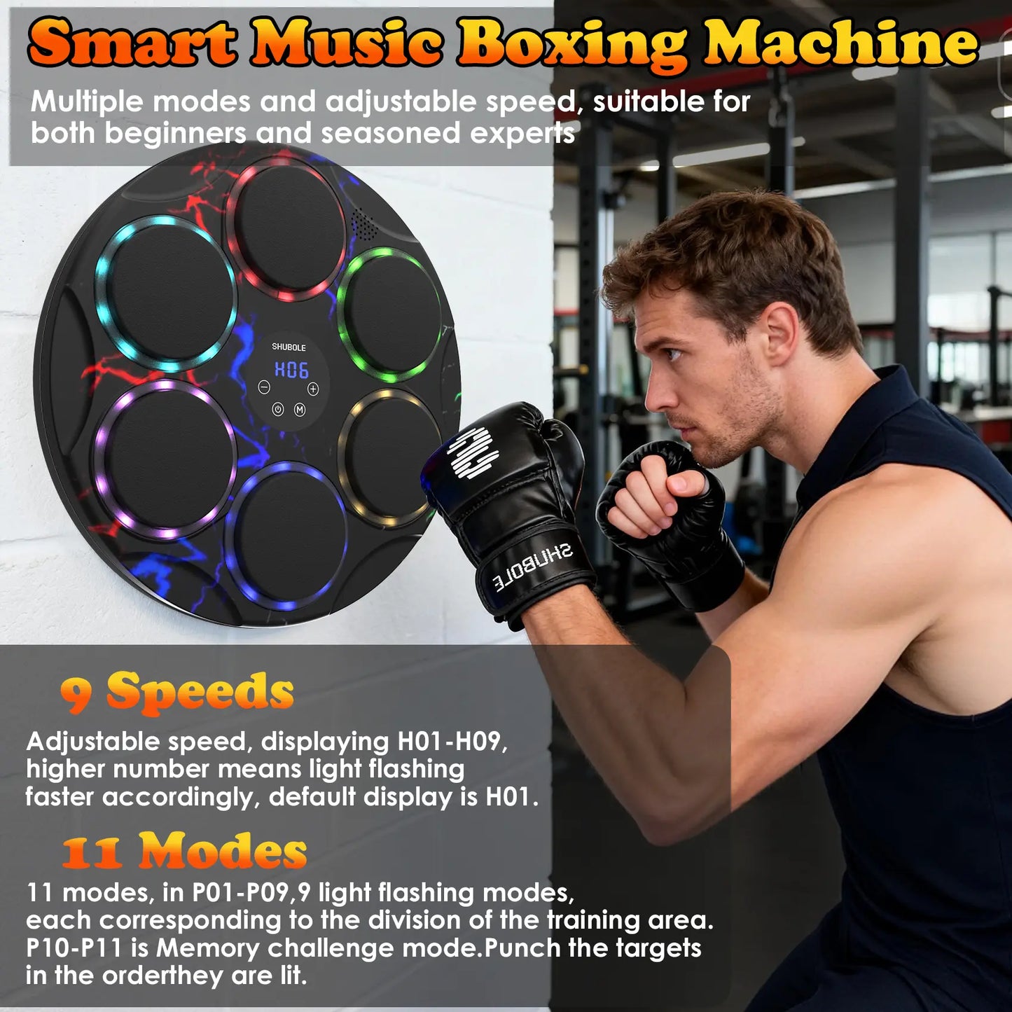 SHUBOLE Wall-Mounted Music Boxing Trainer with Gloves - 9-Speed Punch Game for Adults and Kids, Upgraded 2025 Gift for Boys Age 6+