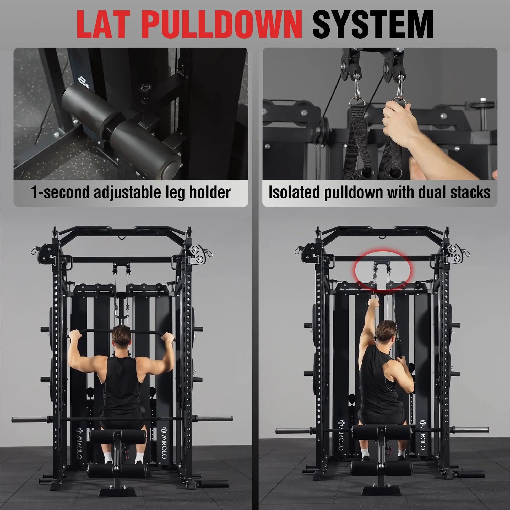 Mikolo Power Cage Home Gym Smith Machine with Lat Pulldown and Cable Crossover Dual Weight Stack System - 264 lb Total Capacity All-In-One Workout Station
