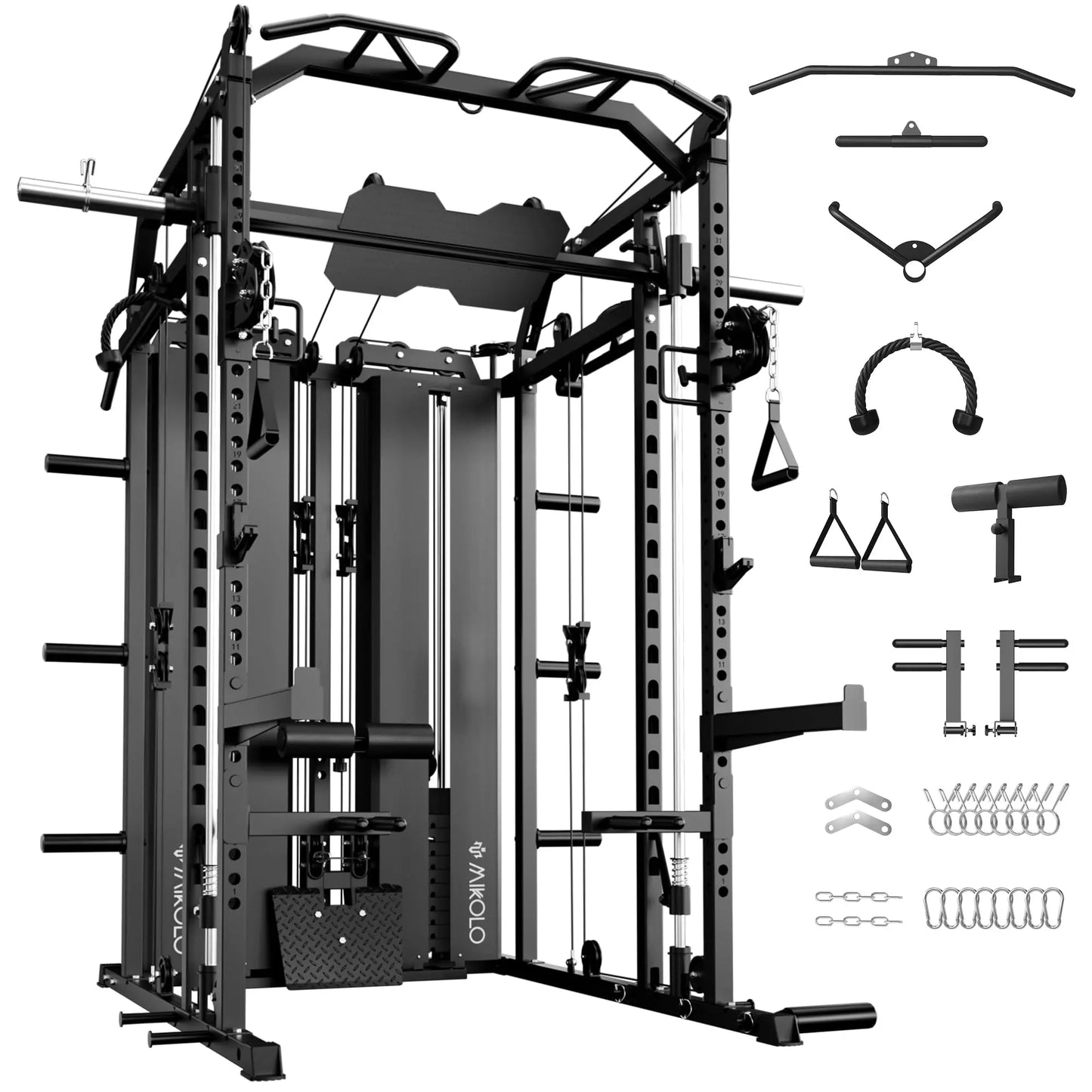 Mikolo Power Cage Home Gym Smith Machine with Lat Pulldown and Cable Crossover Dual Weight Stack System - 264 lb Total Capacity All-In-One Workout Station